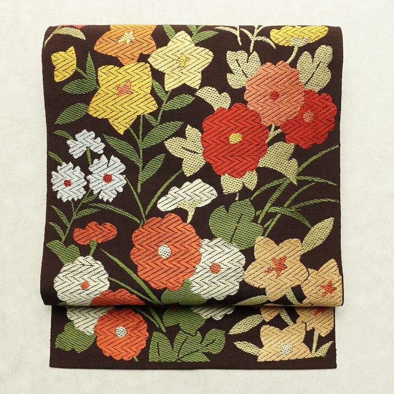 名古屋帯 六通柄 正絹 花柄 名古屋仕立て なごや帯 リサイクル帯 帯 茶_画像1