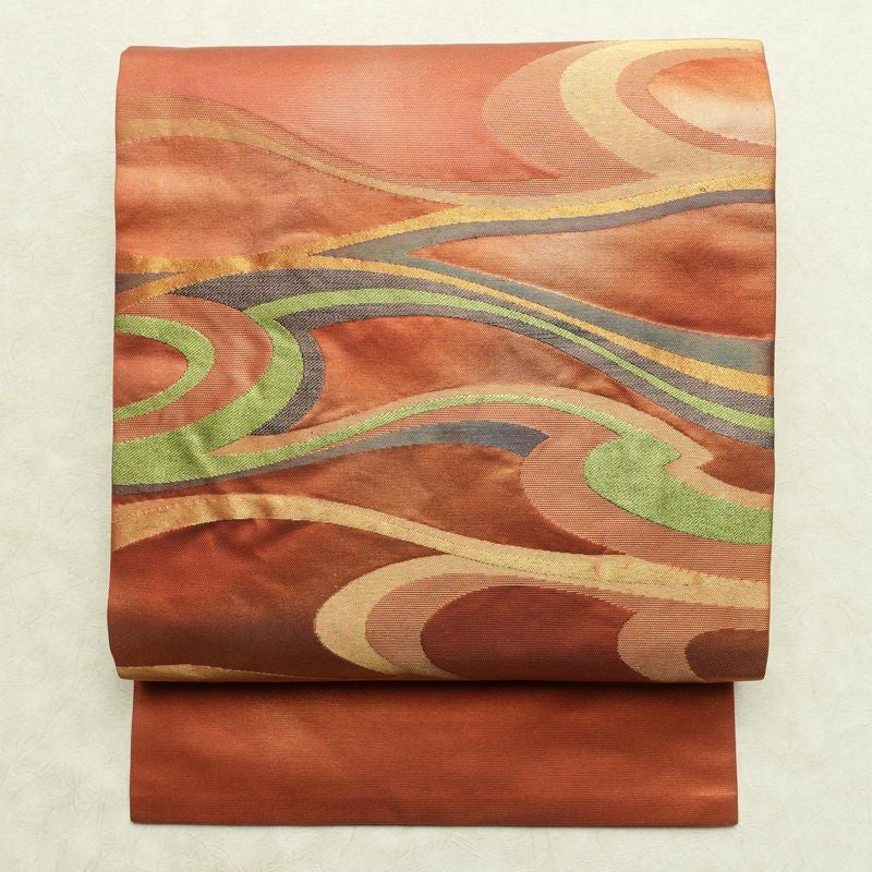 名古屋帯 太鼓柄 正絹 流水・波柄 名古屋仕立て なごや帯 リサイクル帯 帯 引箔 橙_画像1