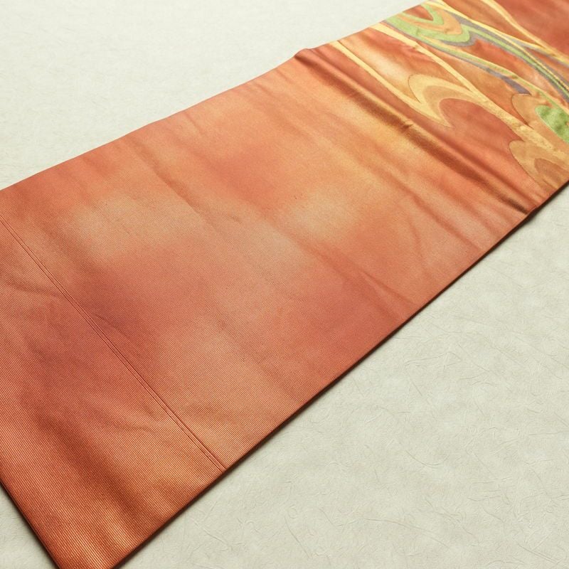 名古屋帯 太鼓柄 正絹 流水・波柄 名古屋仕立て なごや帯 リサイクル帯 帯 引箔 橙_画像8