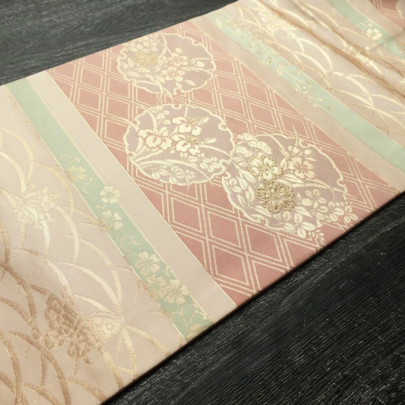 名古屋帯 六通柄 良品 正絹 古典柄 名古屋仕立て なごや帯 リサイクル帯 帯 箔 桜 蝶 ピンク_画像11