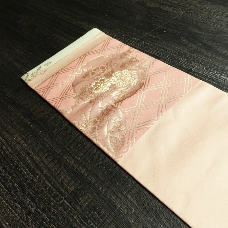 名古屋帯 六通柄 良品 正絹 古典柄 名古屋仕立て なごや帯 リサイクル帯 帯 箔 桜 蝶 ピンク_画像16