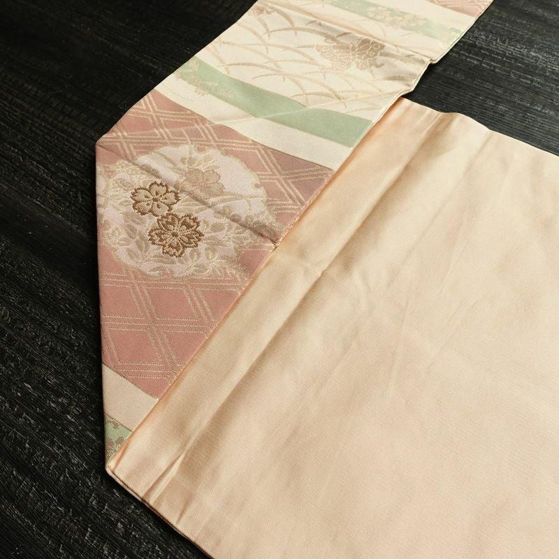 名古屋帯 六通柄 良品 正絹 古典柄 名古屋仕立て なごや帯 リサイクル帯 帯 箔 桜 蝶 ピンク_画像19