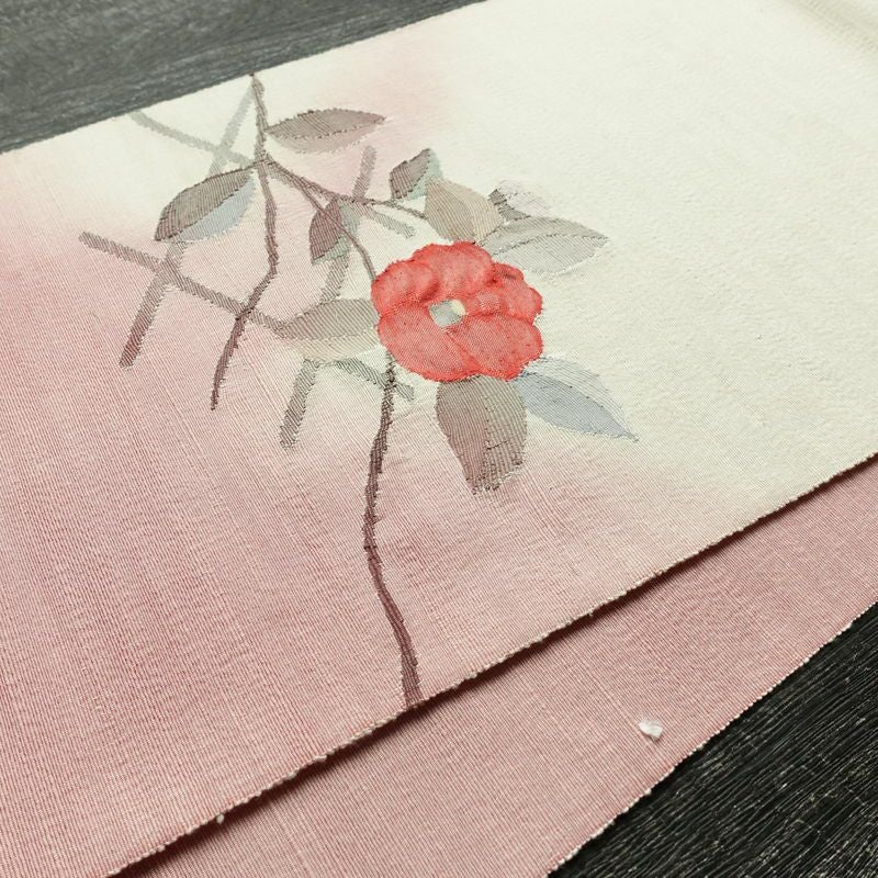 名古屋帯 太鼓柄 正絹 花柄 通し仕立て なごや帯 リサイクル帯 帯 椿 シンプル 多色使い_画像11