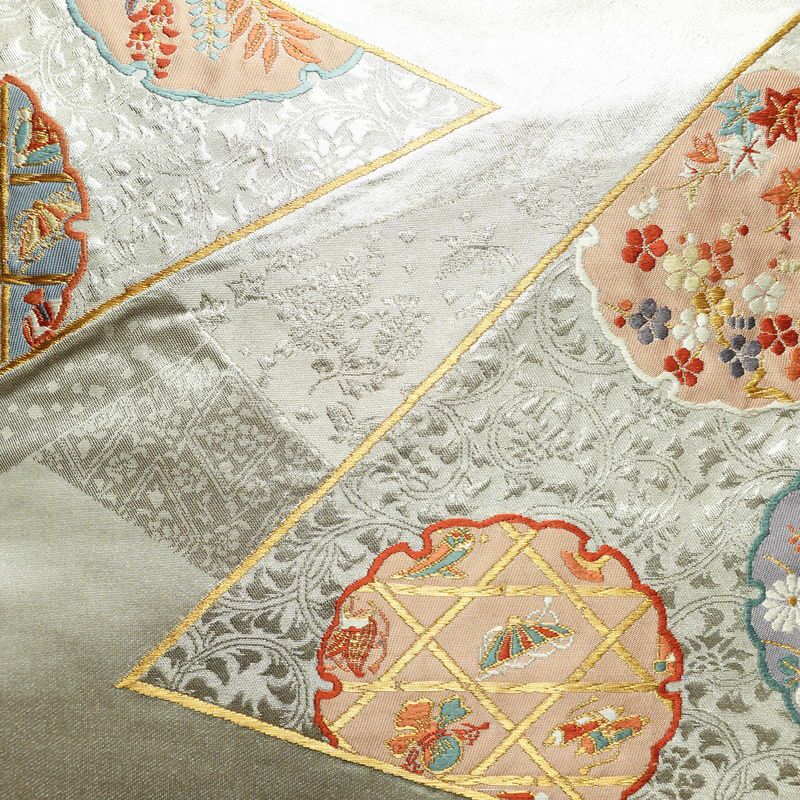 名古屋帯 太鼓柄 正絹 古典柄 名古屋仕立て なごや帯 リサイクル帯 帯 雪輪 引箔 金糸 金・銀_画像2