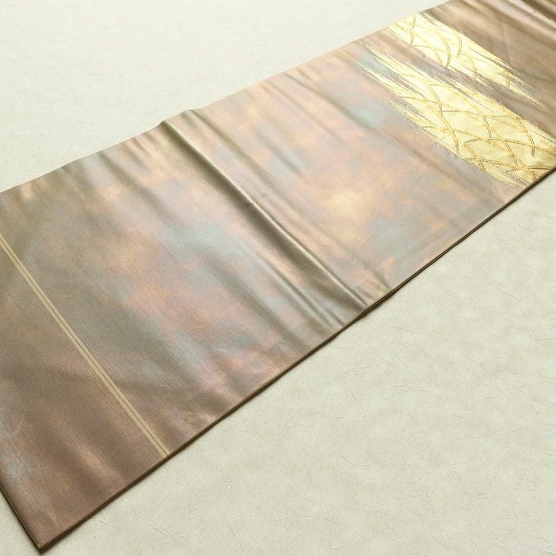 名古屋帯 太鼓柄 正絹 木の葉・植物柄 名古屋仕立て なごや帯 リサイクル帯 帯 芝 ベージュ_画像10