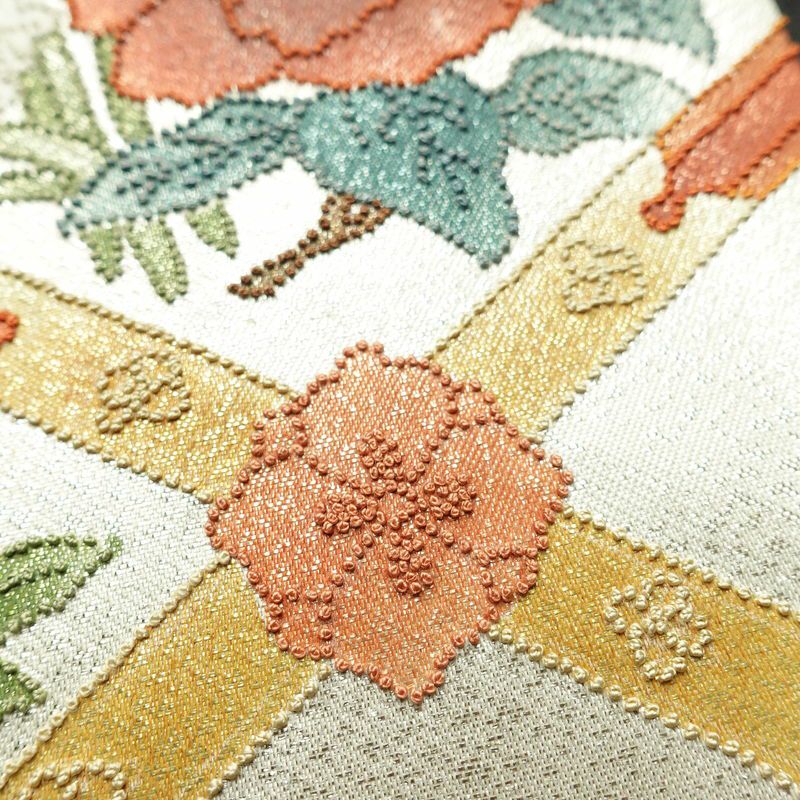 名古屋帯 太鼓柄 相良刺繍 正絹 花柄 名古屋仕立て なごや帯 リサイクル帯 帯 刺繍 金・銀_画像4