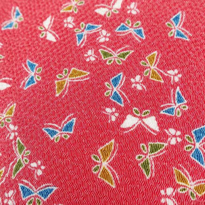 名古屋帯 全通柄 美品 縮緬 正絹 蝶・昆虫柄 名古屋仕立て なごや帯 リサイクル帯 帯 ピンク_画像5