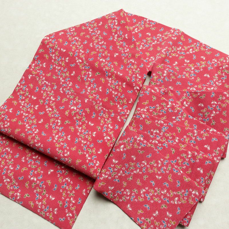名古屋帯 全通柄 美品 縮緬 正絹 蝶・昆虫柄 名古屋仕立て なごや帯 リサイクル帯 帯 ピンク_画像17