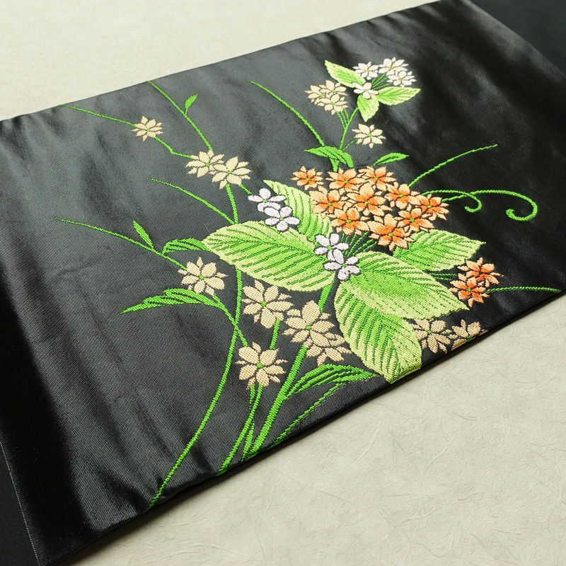 名古屋帯 太鼓柄 正絹 花柄 名古屋仕立て なごや帯 リサイクル帯 帯 黒_画像12