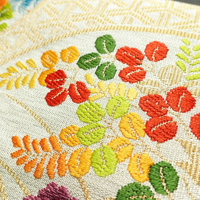 名古屋帯 太鼓柄 正絹 花柄 松葉仕立て なごや帯 リサイクル帯 帯 金・銀_画像5