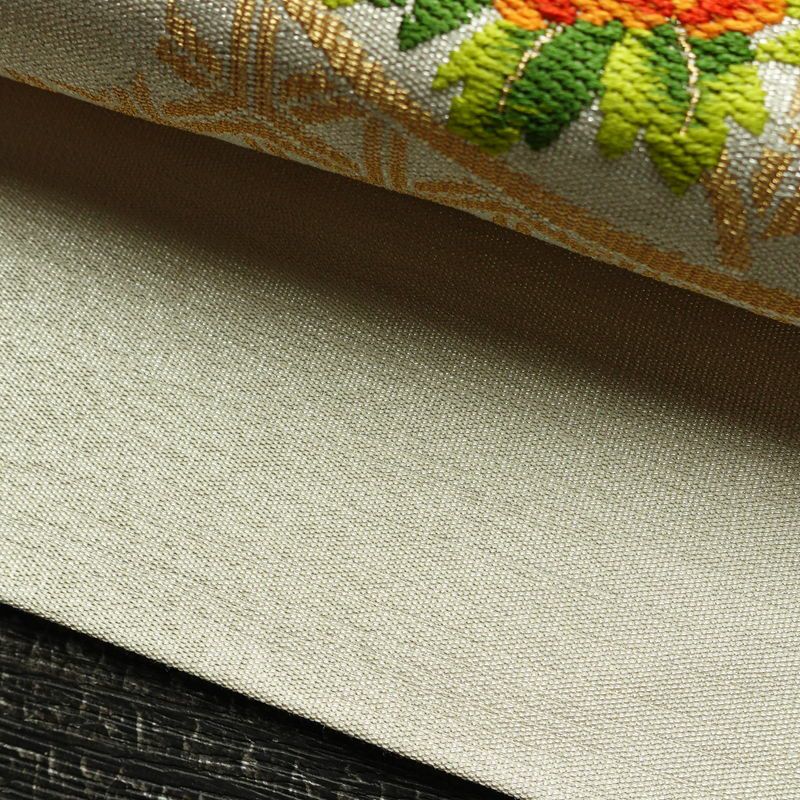 名古屋帯 太鼓柄 正絹 花柄 松葉仕立て なごや帯 リサイクル帯 帯 金・銀_画像9