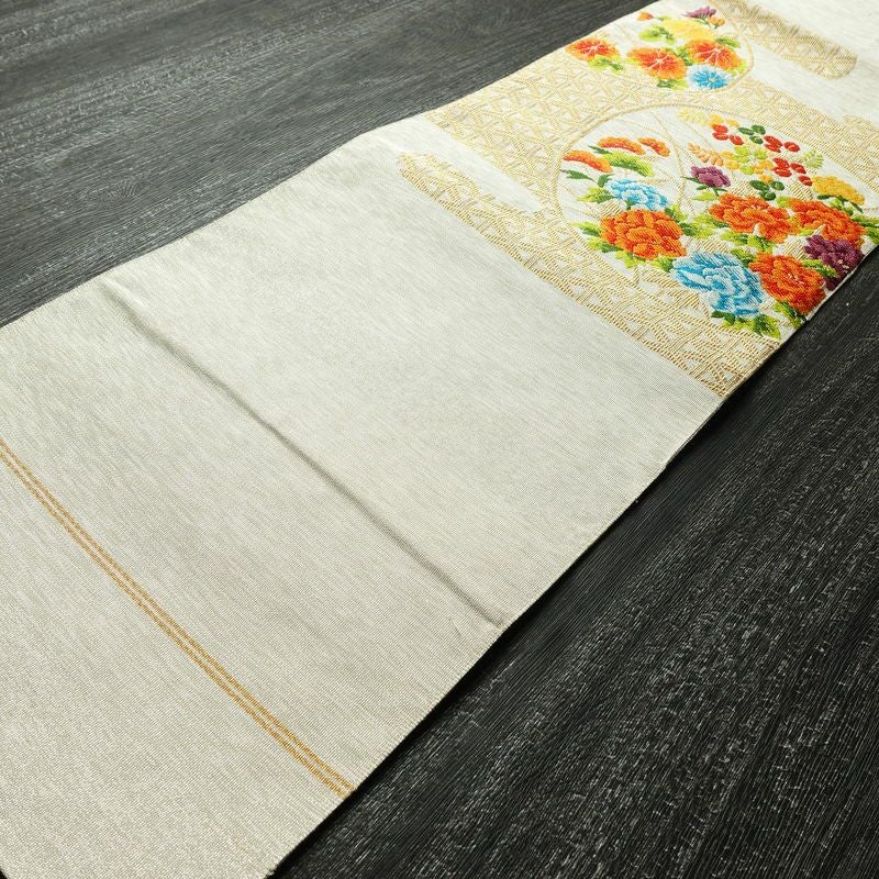 名古屋帯 太鼓柄 正絹 花柄 松葉仕立て なごや帯 リサイクル帯 帯 金・銀_画像10