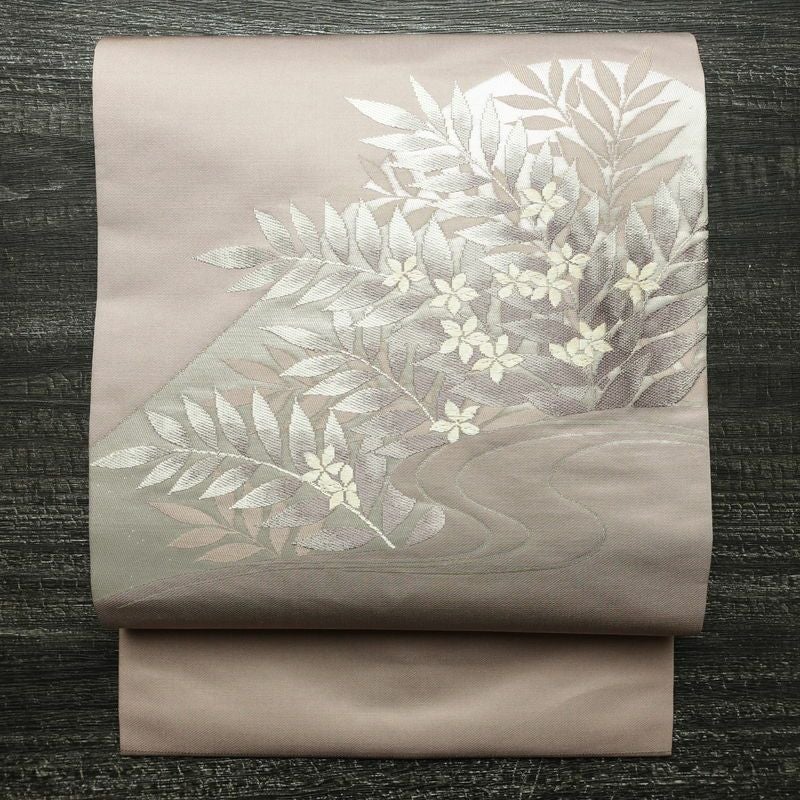 名古屋帯 太鼓柄 正絹 花柄 名古屋仕立て なごや帯 リサイクル帯 帯 引箔 紫・藤色_画像1