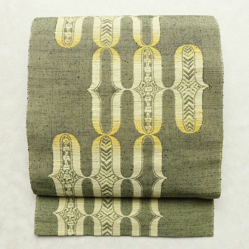 名古屋帯 六通柄 良品 正絹 古典柄 通し仕立て なごや帯 リサイクル帯 帯 緑・うぐいす色_画像1