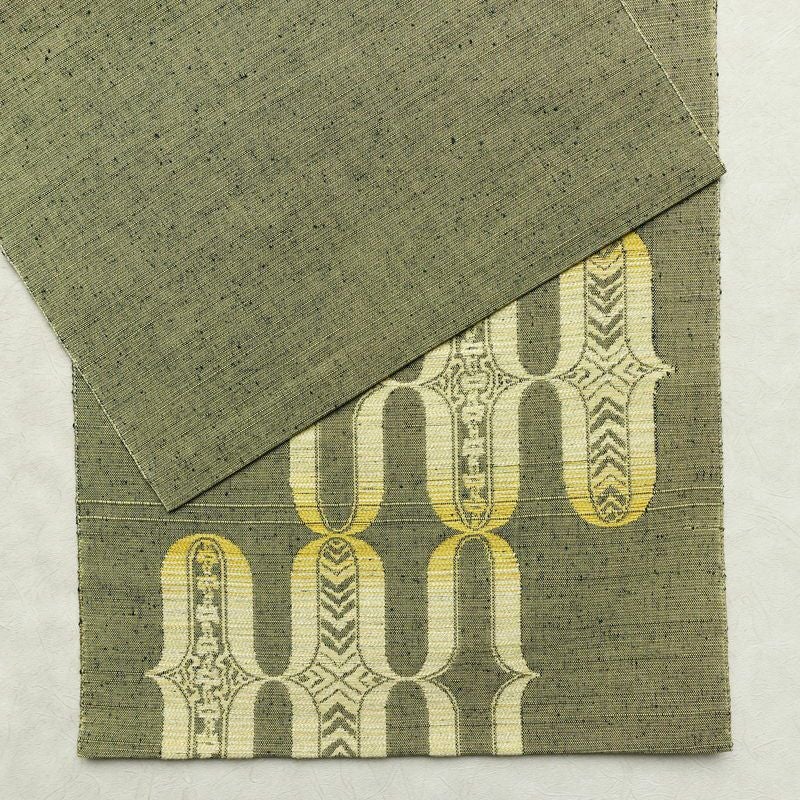 名古屋帯 六通柄 良品 正絹 古典柄 通し仕立て なごや帯 リサイクル帯 帯 緑・うぐいす色_画像12