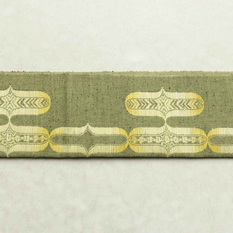 名古屋帯 六通柄 良品 正絹 古典柄 通し仕立て なごや帯 リサイクル帯 帯 緑・うぐいす色_画像14