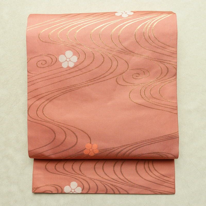 名古屋帯 六通柄 正絹 流水・波柄 名古屋仕立て なごや帯 リサイクル帯 帯 ピンク_画像1