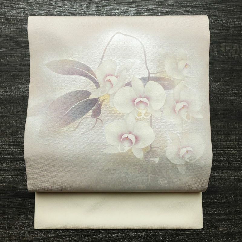 名古屋帯 太鼓柄 落款入り 正絹 花柄 名古屋仕立て なごや帯 リサイクル帯 帯 金彩 紫・藤色_画像1