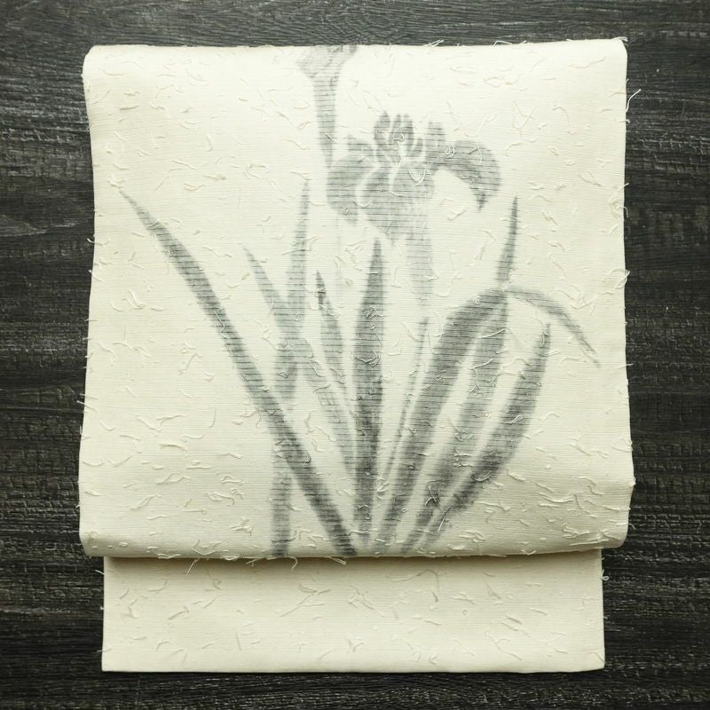 名古屋帯 髭紬 太鼓柄 正絹 木の葉・植物柄 名古屋仕立て なごや帯 リサイクル帯 帯 クリーム_画像1