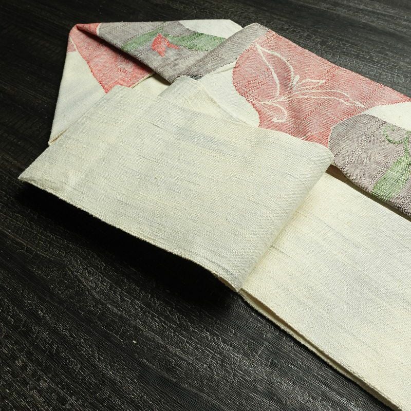 名古屋帯 六通柄 正絹 木の葉・植物柄 名古屋仕立て なごや帯 リサイクル帯 帯 紬地 白_画像18