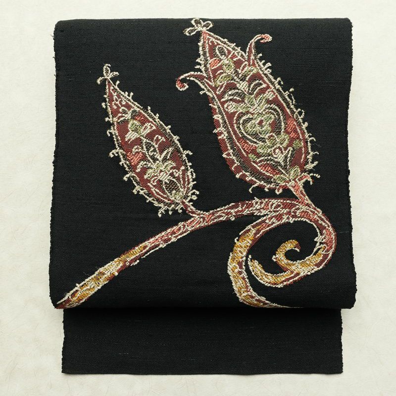 名古屋帯 太鼓柄 正絹 木の葉・植物柄 名古屋仕立て なごや帯 リサイクル帯 帯 シンプル 黒_画像1