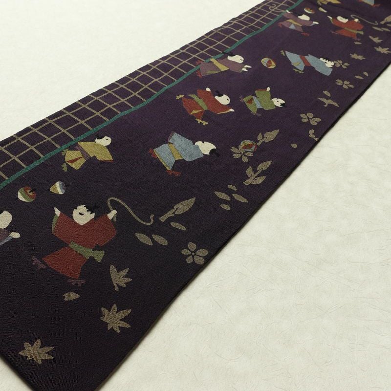 名古屋帯 全通柄 縮緬 正絹 人物・動物柄 名古屋仕立て なごや帯 リサイクル帯 帯 紫・藤色_画像7