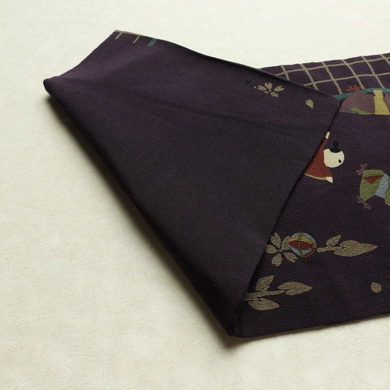 名古屋帯 全通柄 縮緬 正絹 人物・動物柄 名古屋仕立て なごや帯 リサイクル帯 帯 紫・藤色_画像8
