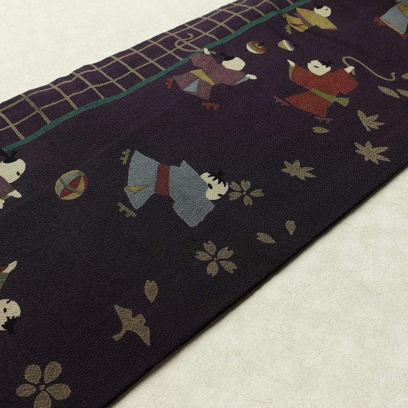 名古屋帯 全通柄 縮緬 正絹 人物・動物柄 名古屋仕立て なごや帯 リサイクル帯 帯 紫・藤色_画像9