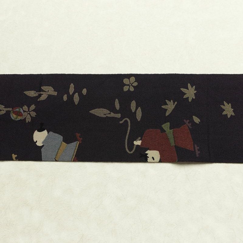 名古屋帯 全通柄 縮緬 正絹 人物・動物柄 名古屋仕立て なごや帯 リサイクル帯 帯 紫・藤色_画像11