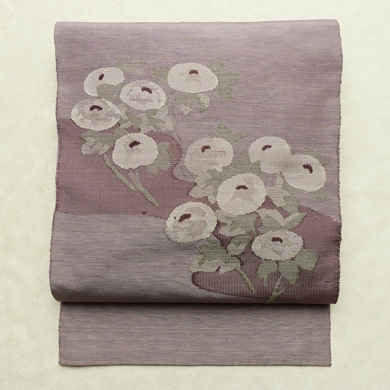 名古屋帯 太鼓柄 正絹 花柄 名古屋仕立て なごや帯 リサイクル帯 帯 紫・藤色_画像1