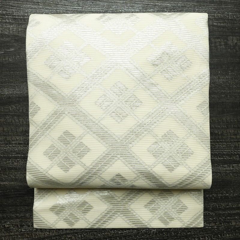 名古屋帯 全通柄 正絹 古典柄 名古屋仕立て なごや帯 リサイクル帯 帯 銀糸 白_画像1