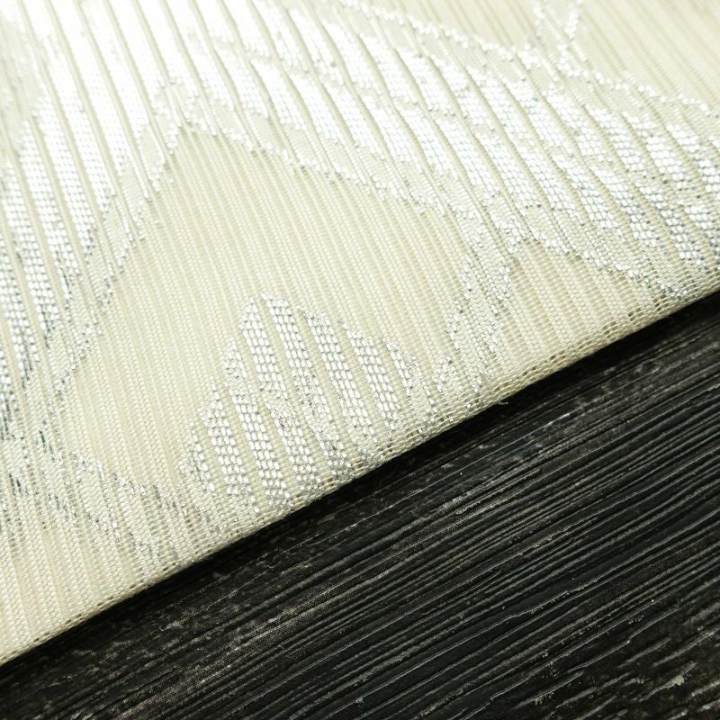 名古屋帯 全通柄 正絹 古典柄 名古屋仕立て なごや帯 リサイクル帯 帯 銀糸 白_画像12