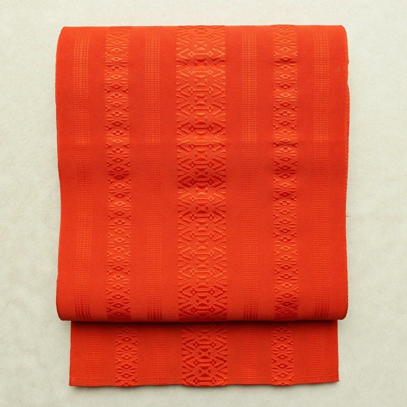 名古屋帯 全通柄 良品 夏用 混紡 縞柄・線柄 松葉仕立て なごや帯 リサイクル帯 帯 橙_画像1