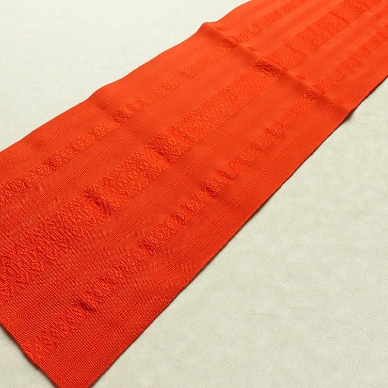 名古屋帯 全通柄 良品 夏用 混紡 縞柄・線柄 松葉仕立て なごや帯 リサイクル帯 帯 橙_画像8