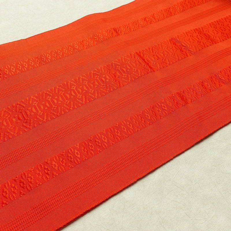 名古屋帯 全通柄 良品 夏用 混紡 縞柄・線柄 松葉仕立て なごや帯 リサイクル帯 帯 橙_画像11