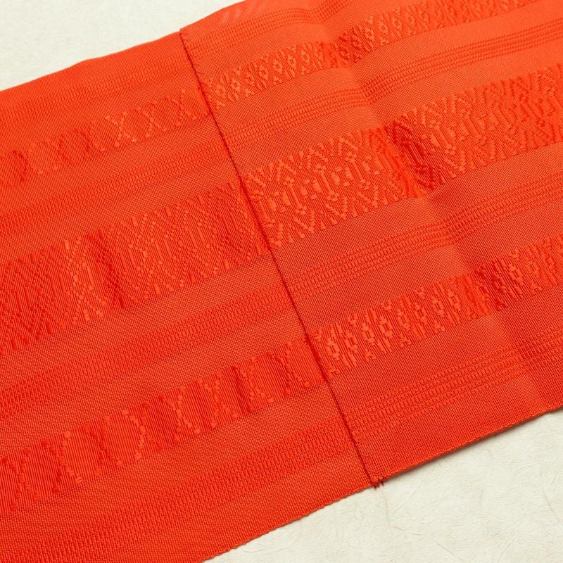 名古屋帯 全通柄 良品 夏用 混紡 縞柄・線柄 松葉仕立て なごや帯 リサイクル帯 帯 橙_画像17