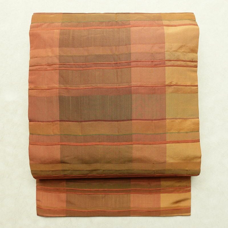 名古屋帯 六通柄 正絹 縞柄・線柄 名古屋仕立て なごや帯 リサイクル帯 帯 モダン 橙_画像1
