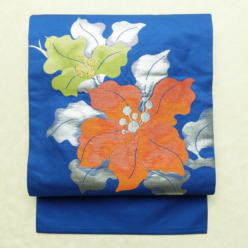 名古屋帯 太鼓柄 正絹 花柄 名古屋仕立て なごや帯 リサイクル帯 帯 箔 金糸 銀糸 青・紺_画像1
