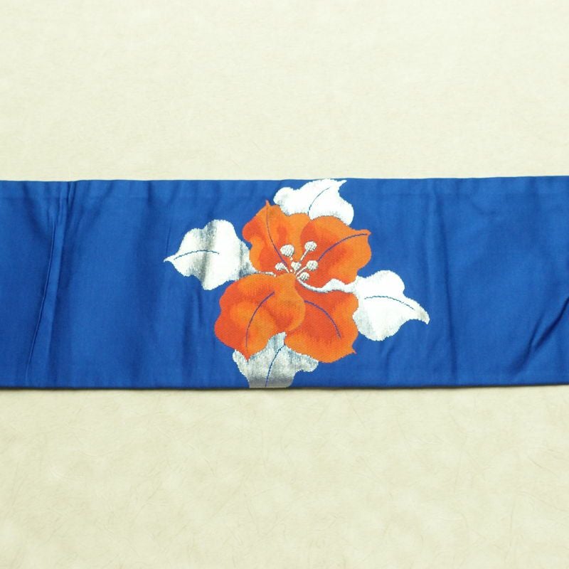 名古屋帯 太鼓柄 正絹 花柄 名古屋仕立て なごや帯 リサイクル帯 帯 箔 金糸 銀糸 青・紺_画像14