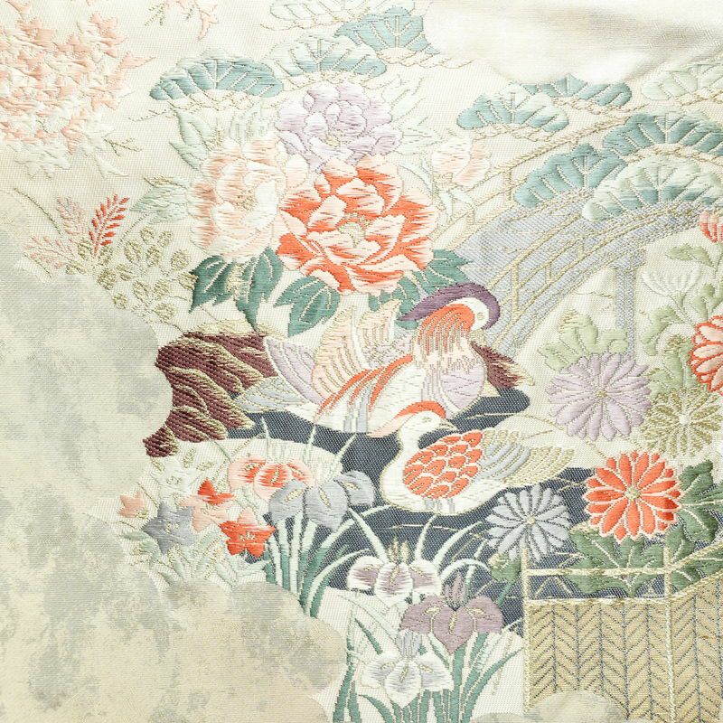 名古屋帯 太鼓柄 正絹 古典柄 名古屋仕立て なごや帯 リサイクル帯 帯 箔 紅葉 松 菊 白_画像2