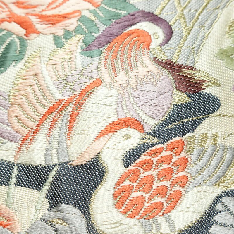 名古屋帯 太鼓柄 正絹 古典柄 名古屋仕立て なごや帯 リサイクル帯 帯 箔 紅葉 松 菊 白_画像3