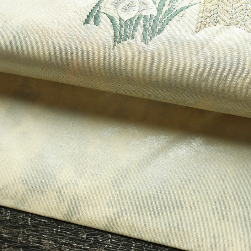 名古屋帯 太鼓柄 正絹 古典柄 名古屋仕立て なごや帯 リサイクル帯 帯 箔 紅葉 松 菊 白_画像9