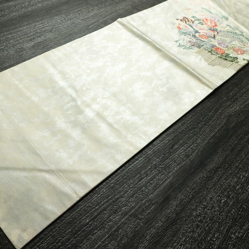 名古屋帯 太鼓柄 正絹 古典柄 名古屋仕立て なごや帯 リサイクル帯 帯 箔 紅葉 松 菊 白_画像10