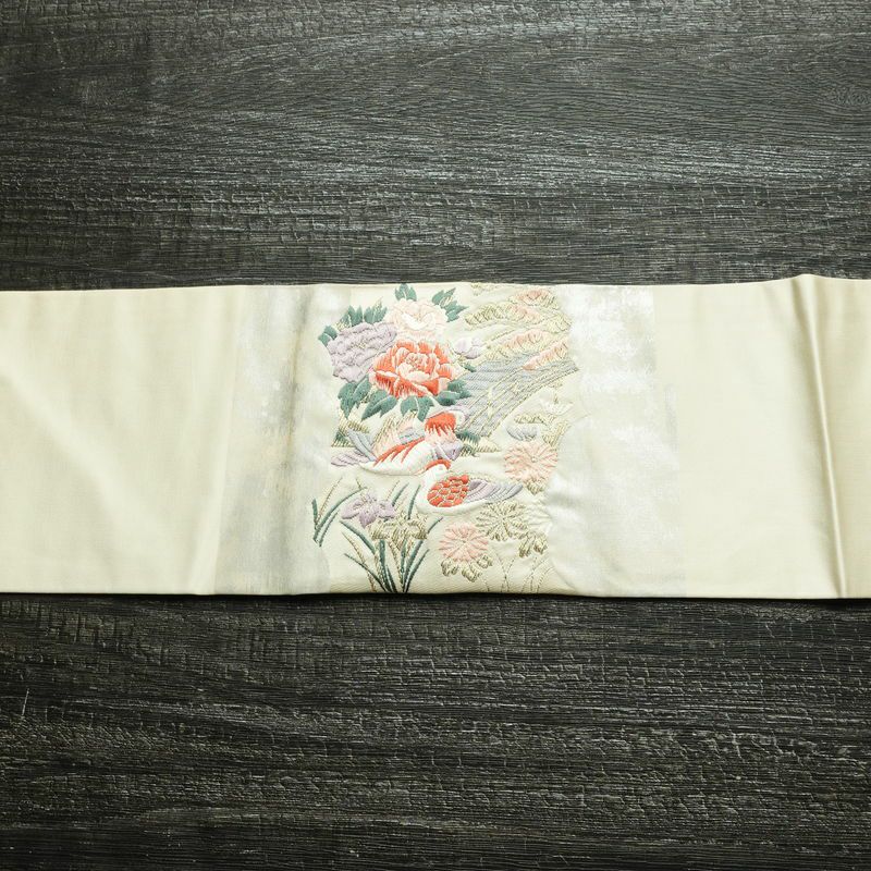 名古屋帯 太鼓柄 正絹 古典柄 名古屋仕立て なごや帯 リサイクル帯 帯 箔 紅葉 松 菊 白_画像13