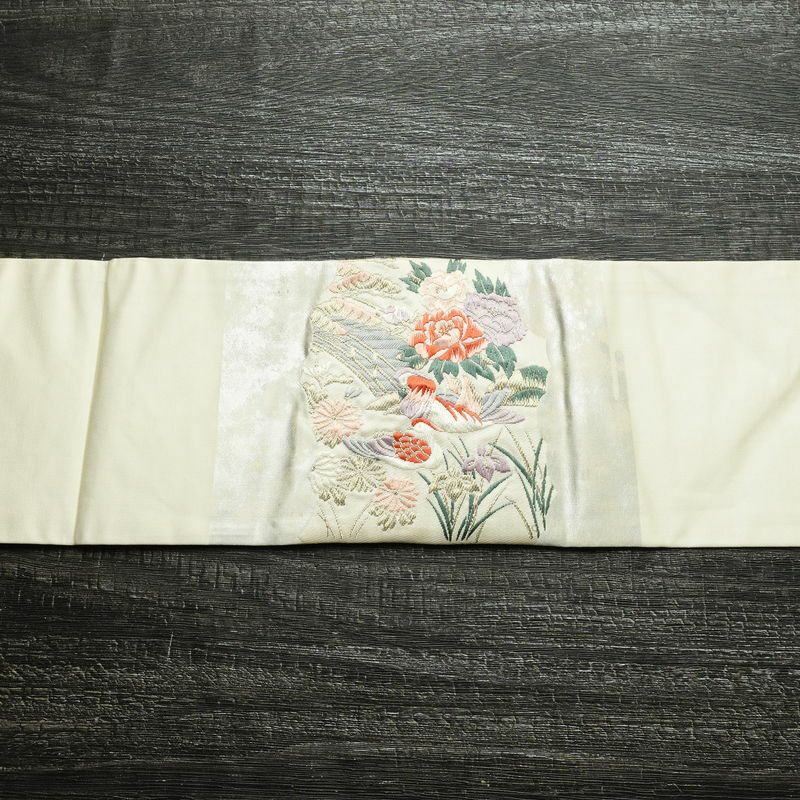 名古屋帯 太鼓柄 正絹 古典柄 名古屋仕立て なごや帯 リサイクル帯 帯 箔 紅葉 松 菊 白_画像14