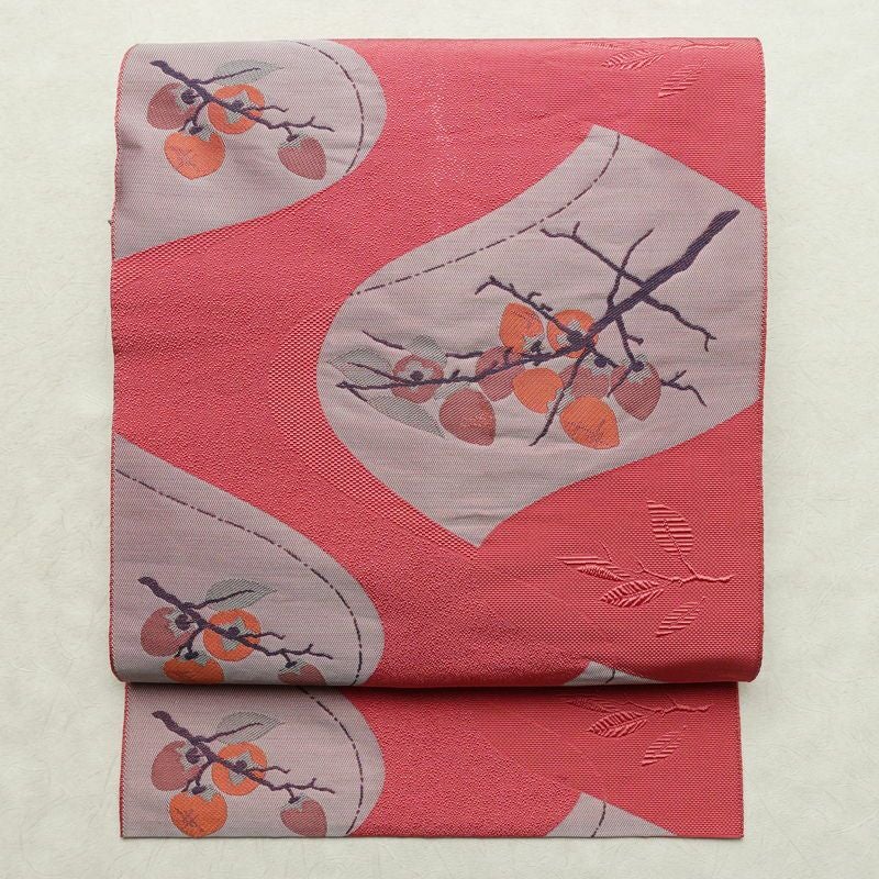 名古屋帯 六通柄 良品 正絹 木の葉・植物柄 名古屋仕立て なごや帯 リサイクル帯 帯 柿 ピンク_画像1