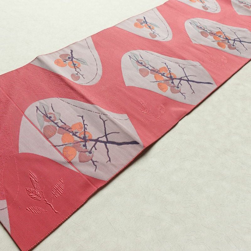 名古屋帯 六通柄 良品 正絹 木の葉・植物柄 名古屋仕立て なごや帯 リサイクル帯 帯 柿 ピンク_画像9