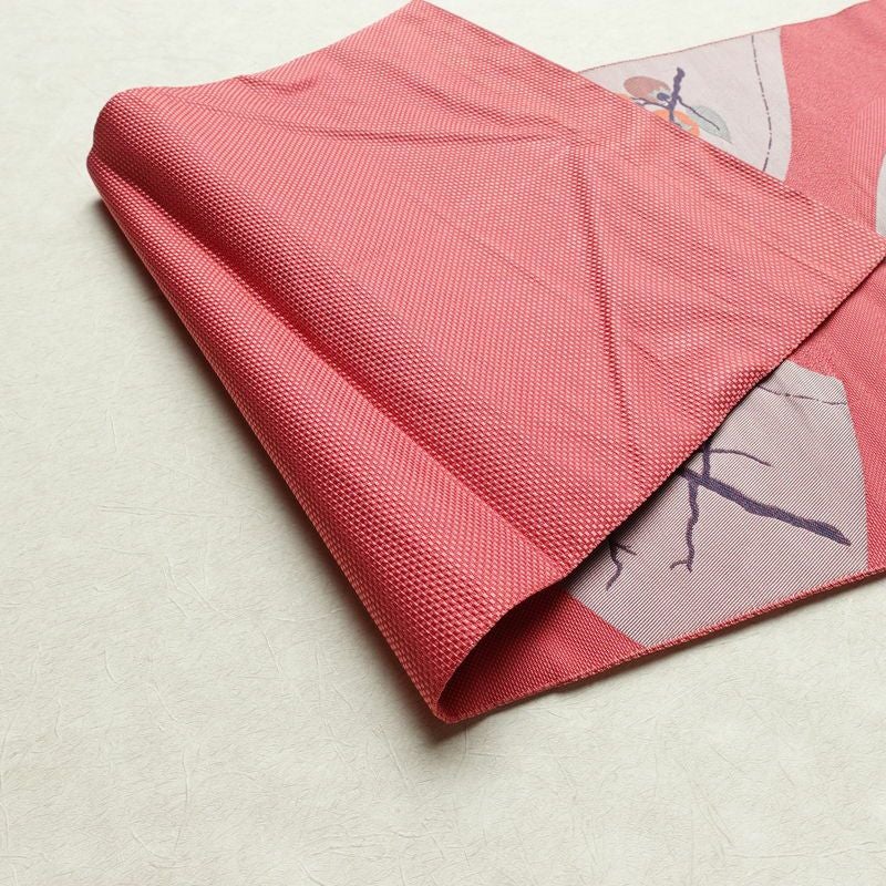 名古屋帯 六通柄 良品 正絹 木の葉・植物柄 名古屋仕立て なごや帯 リサイクル帯 帯 柿 ピンク_画像10