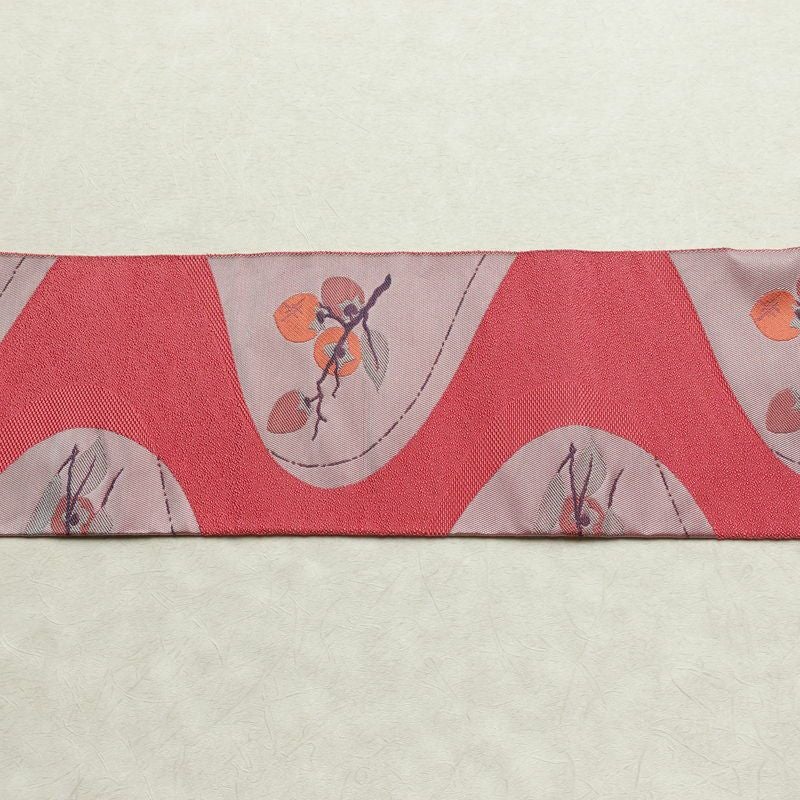 名古屋帯 六通柄 良品 正絹 木の葉・植物柄 名古屋仕立て なごや帯 リサイクル帯 帯 柿 ピンク_画像13