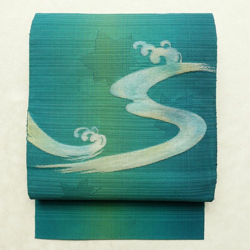 名古屋帯 太鼓柄 夏用 正絹 流水・波柄 名古屋仕立て なごや帯 リサイクル帯 帯 銀糸 緑・うぐいす色_画像1